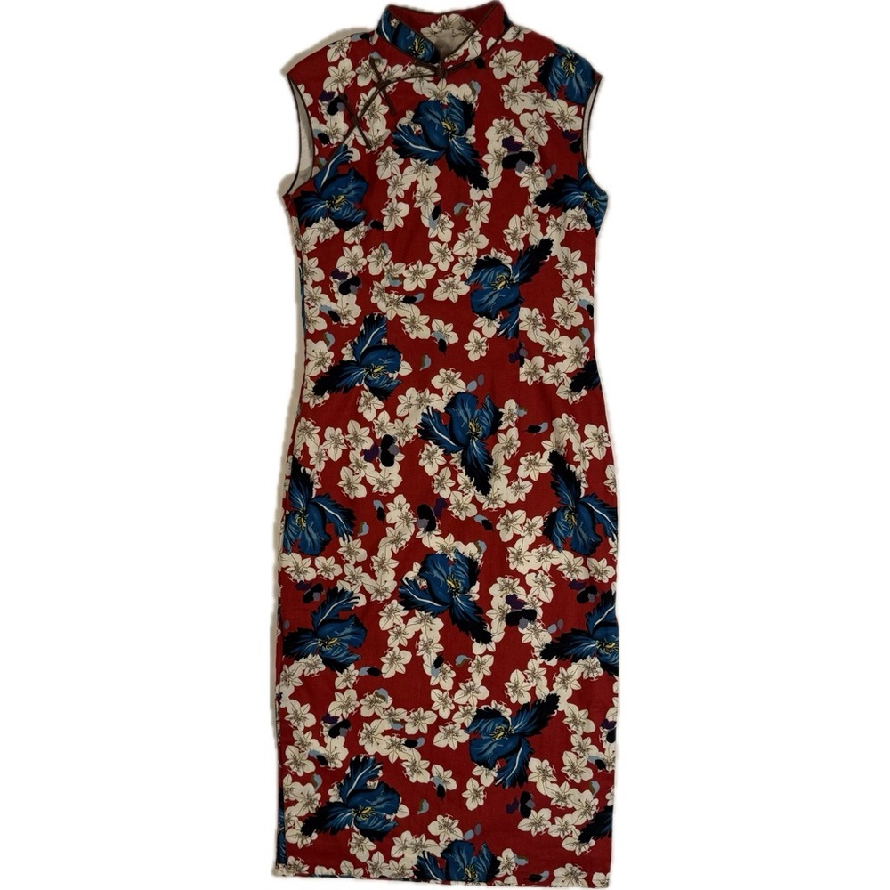 Vintage Style Cheongsam Floral Asian Style Sleeveless Red Midi Dress sz S-M
